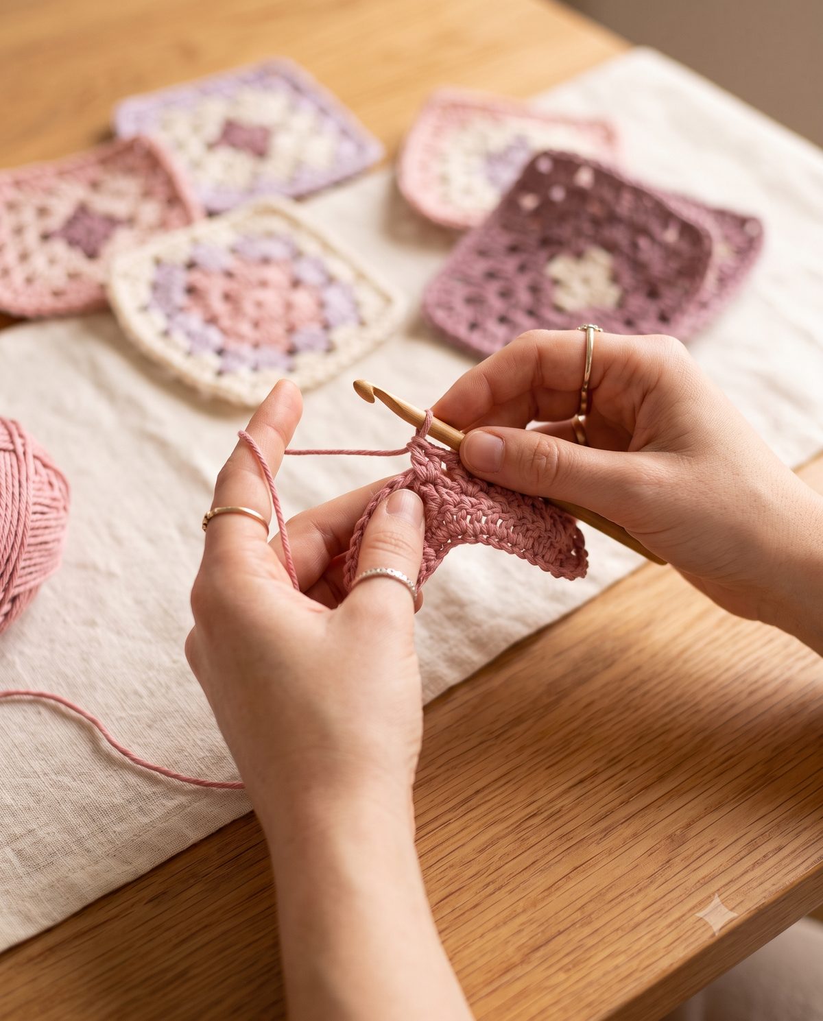 Hands crocheting a rose-pink granny square with a wooden hook
