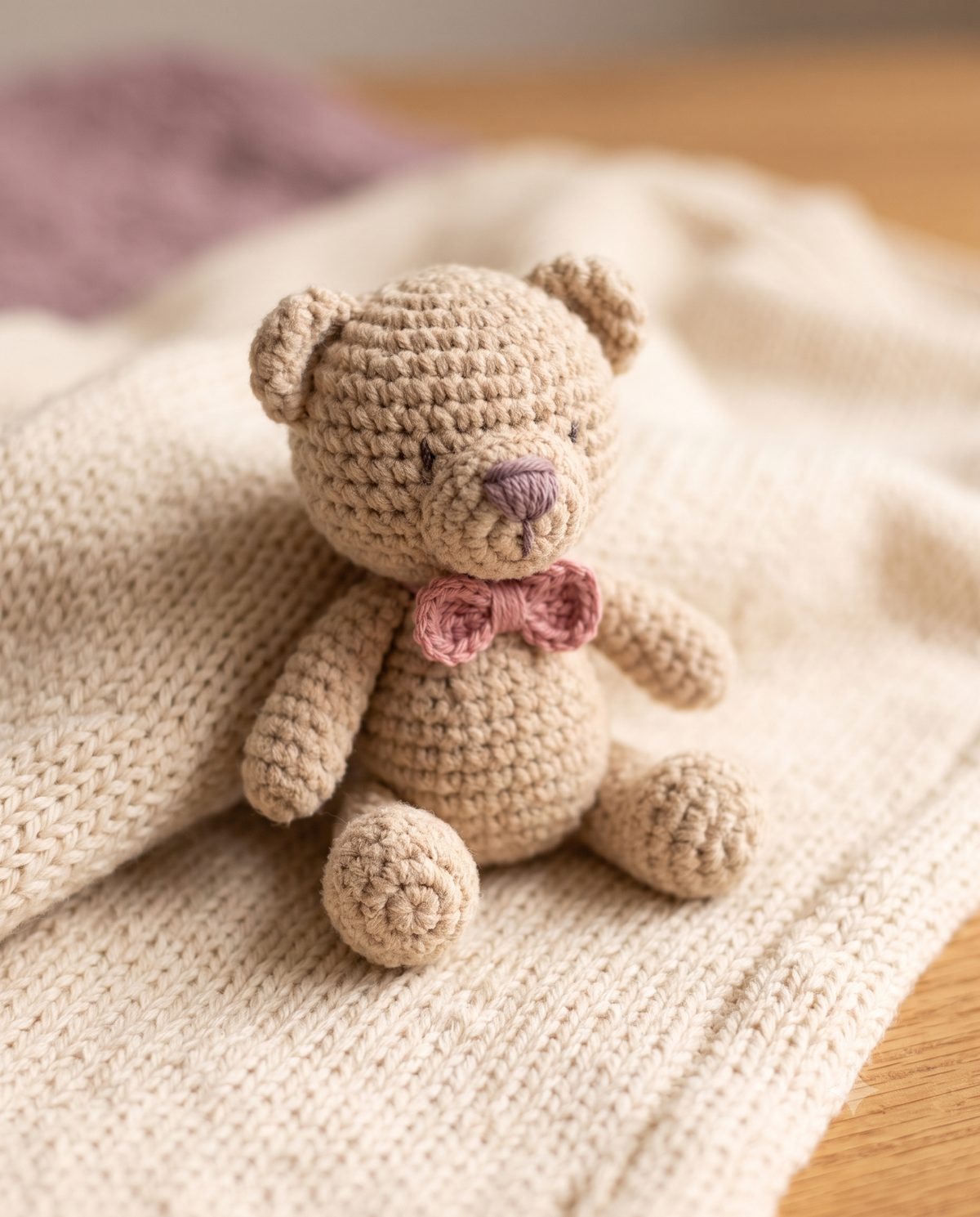 Crocheted teddy bear amigurumi with a pink bow, on a knit blanket