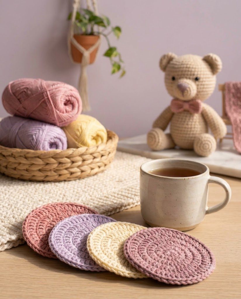 Pastel crochet coaster set beside a mug of tea and yarn skeins